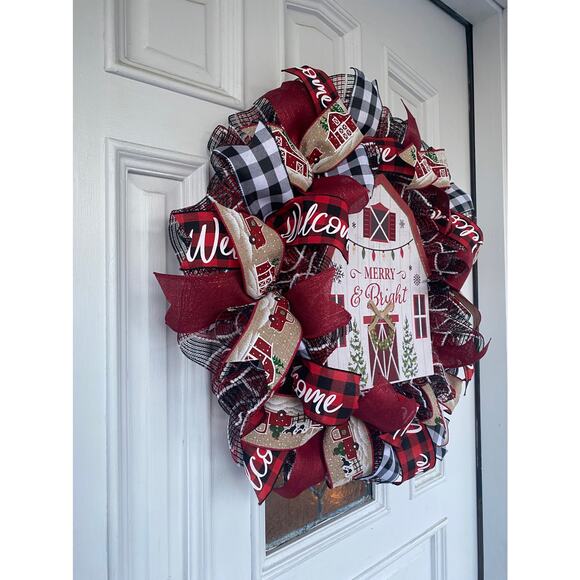 Merry & Bright Barn Christmas Wreath • Red Truck Farmhouse Holiday Door Decor - Picture 5 of 7